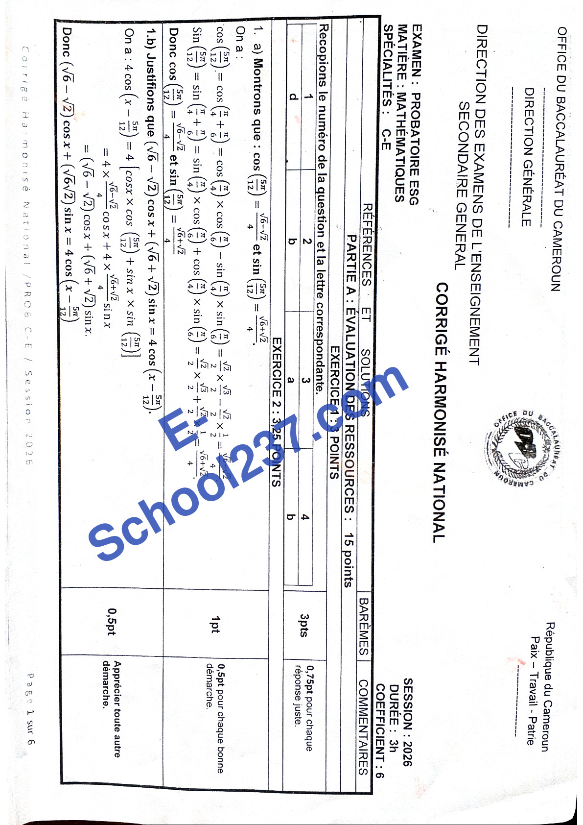 orrigé national harmonisé Maths Prob C 2026